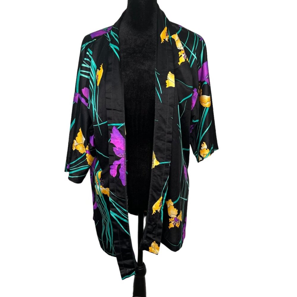 Vintage Kamehameha Floral Robe Hawaiian Belted Black Original Tropical Size L - Picture 7 of 10